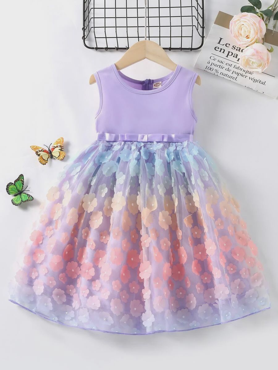 Young Girl Floral Appliques Bow Front Dress