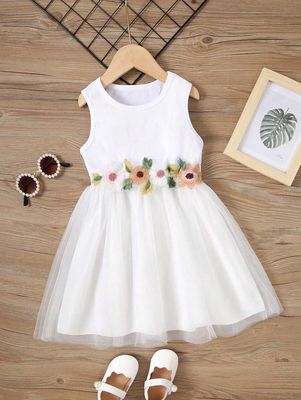 Young Girl Appliques Mesh Overlay Sleeveless Dress