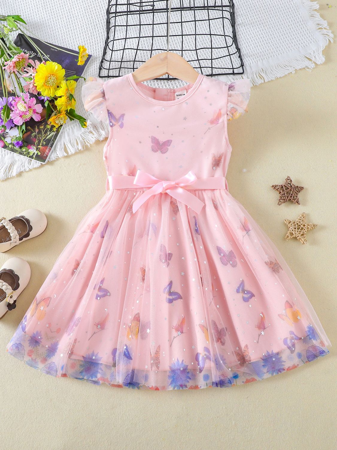 Young Girl Butterfly Print Mesh Overlay Belted Party Dress