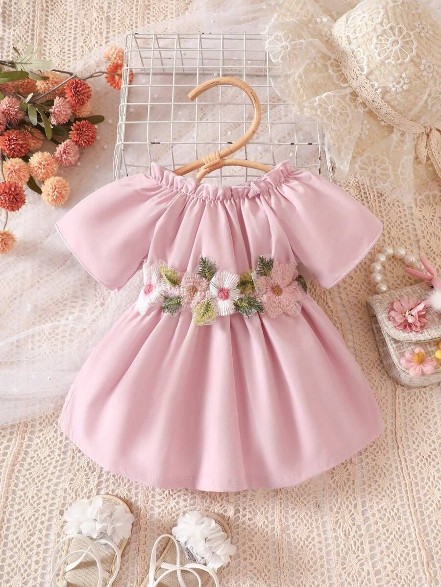 Baby Girl Floral Appliques Frill Trim Off Shoulder Dress