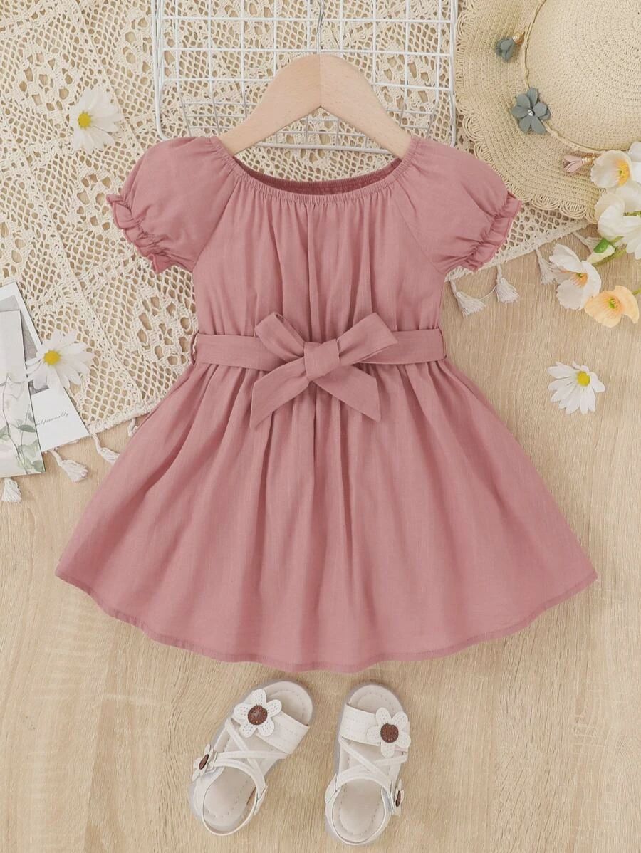 Baby Girl Solid Puff Sleeve Belted Dress