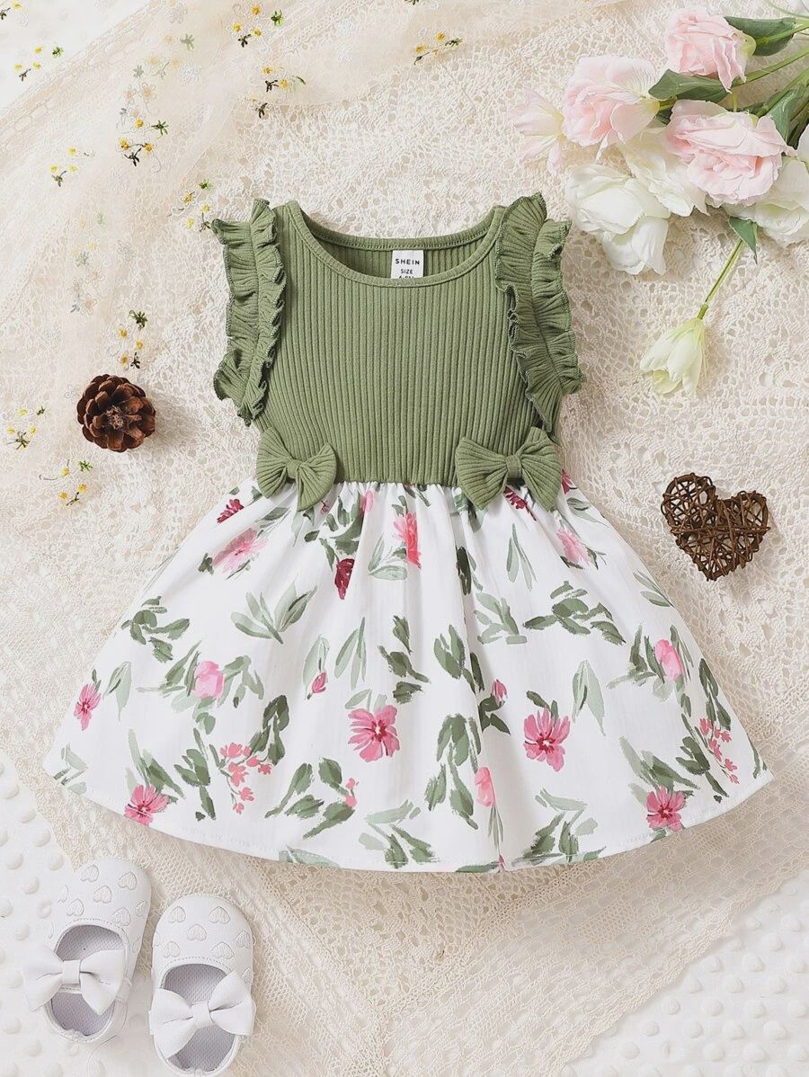 Baby Girl Floral Print Ruffle Trim Bow Front Dress