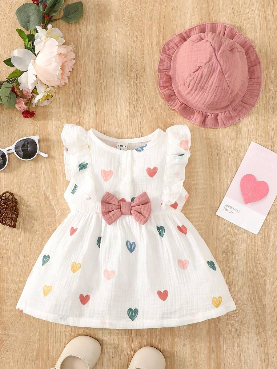 Baby Girl Heart Print Ruffle Trim Bow Front Dress With Hat