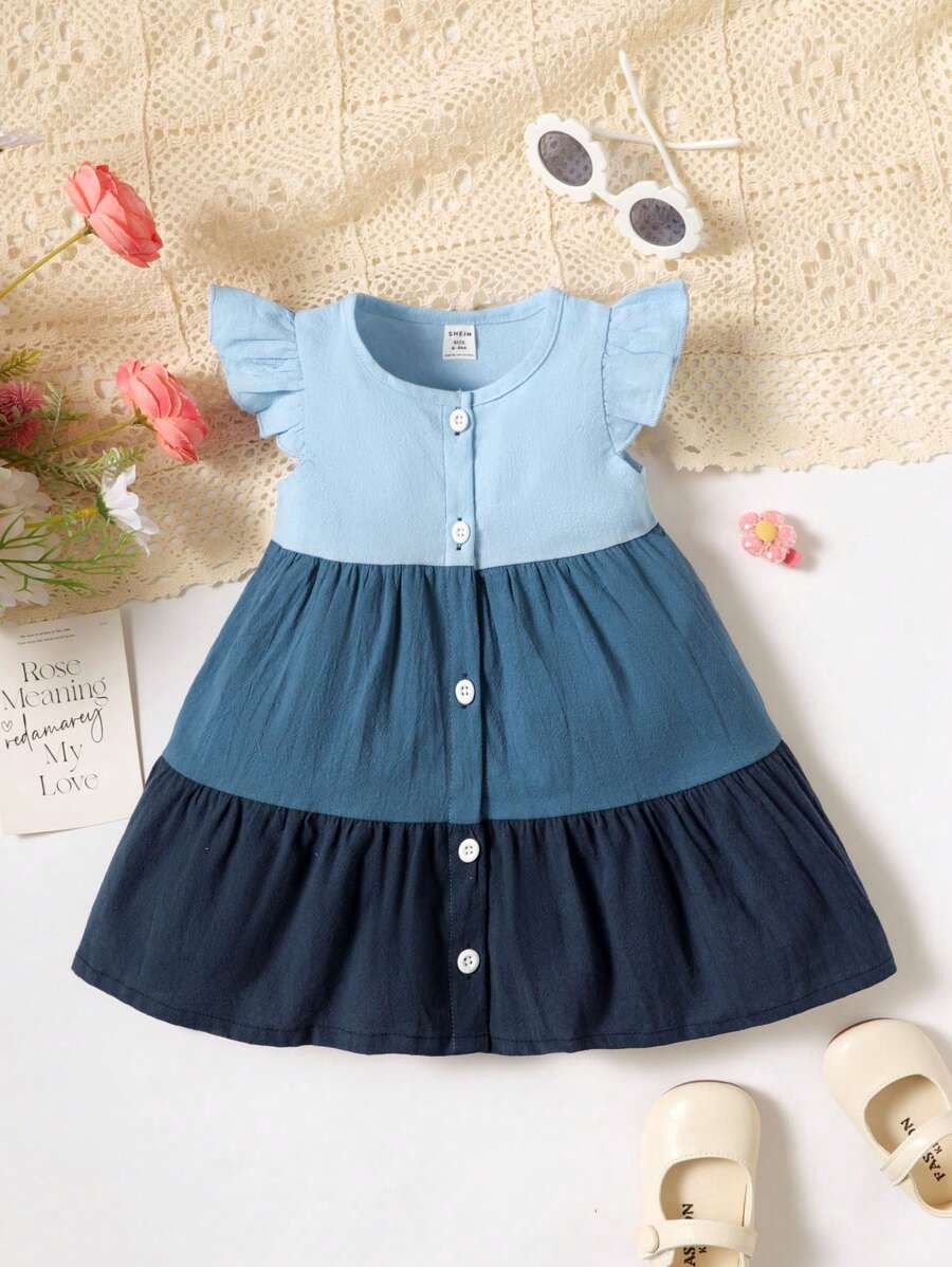 Baby Girl Colorblock Ruffle Trim Button Front Dress