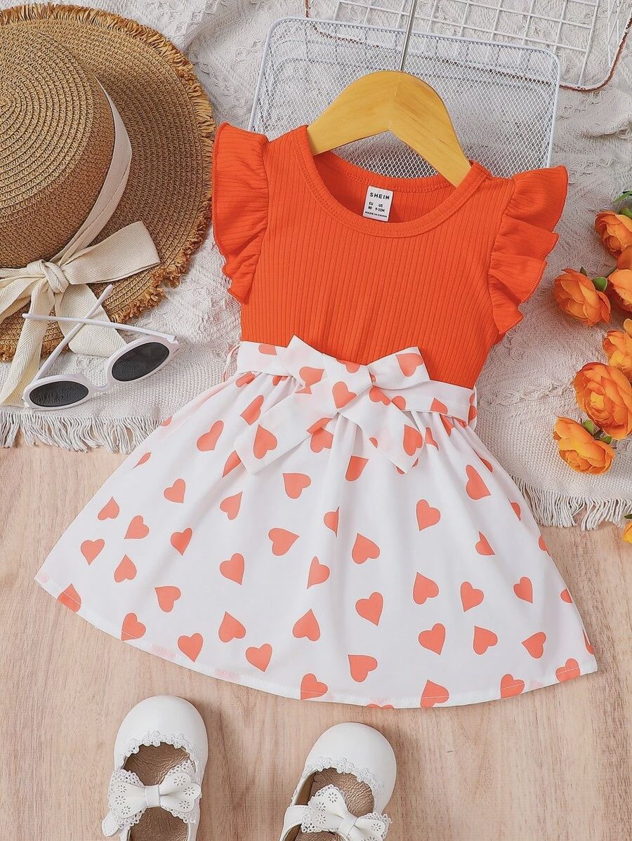Baby Girl Heart Print Ruffle Trim Belted Dress