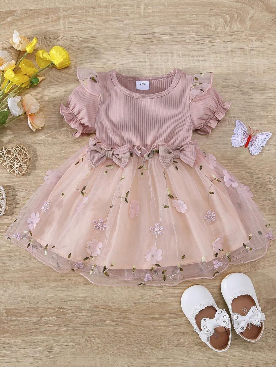 Baby Floral Embroidery Mesh Overlay Ruffle Trim Puff Sleeve Dress