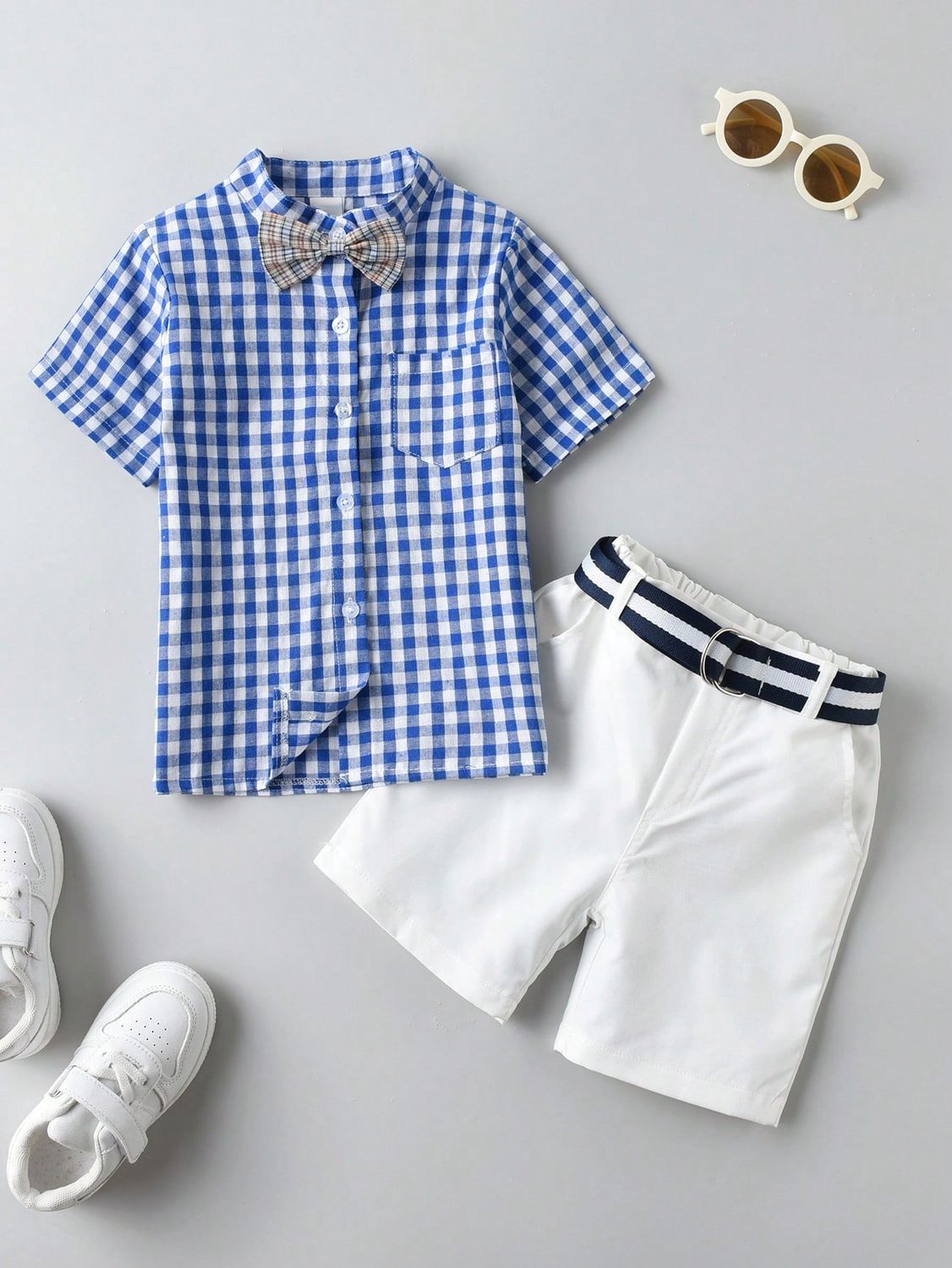 Young Boy Blue &amp; White Plaid Short Sleeve Shirt, Belted Shorts Set, Gentleman Suit