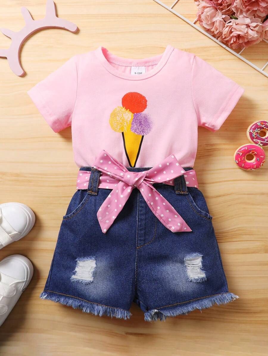 Young Girl 2pcs/Set Ice Cream Printed T-Shirt And Frayed Hole Denim Shorts With Belt