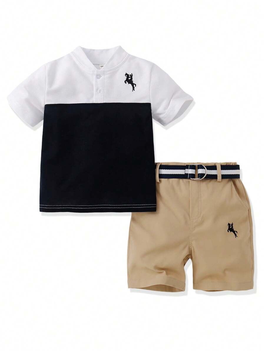 Young Boy Two-Piece Set Of Daily Casual Color Matching Horse Riding Embroidered Short-Sleeved Tops