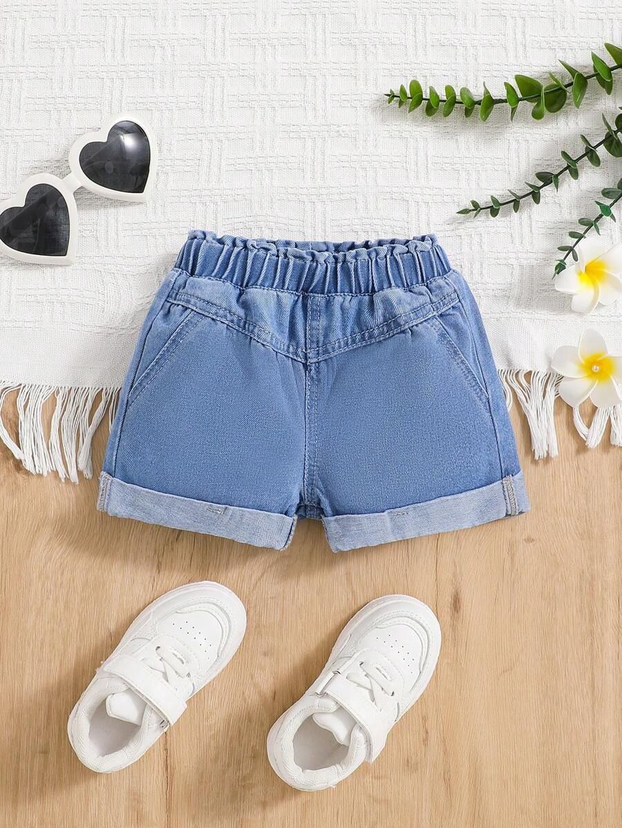 Baby Girl Elastic Waist Ruffle Spring Summer Boho Trimmed Soft Washed Denim Shorts