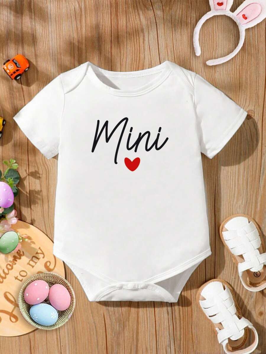 Baby Girl&#39;s Casual Love Heart &amp; Letter Print Short Sleeve Romper With Round Neckline