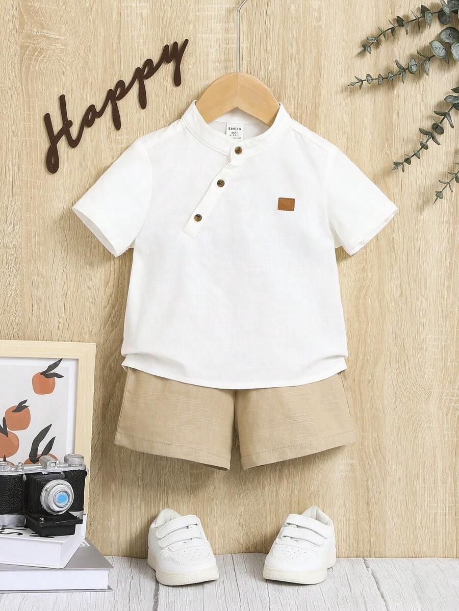 Baby Boy Patched Detail Half Button Shirt &amp; Shorts