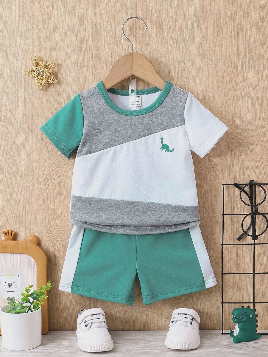 Baby Boy Dinosaur Print Colorblock Tee &amp; Shorts