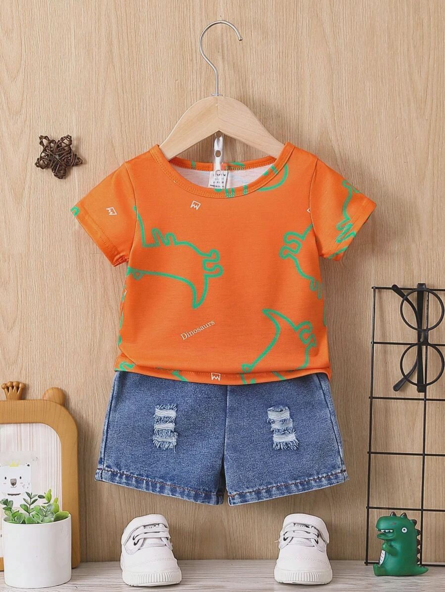 Baby Boy Dinosaur Print Tee &amp; Ripped Denim Shorts