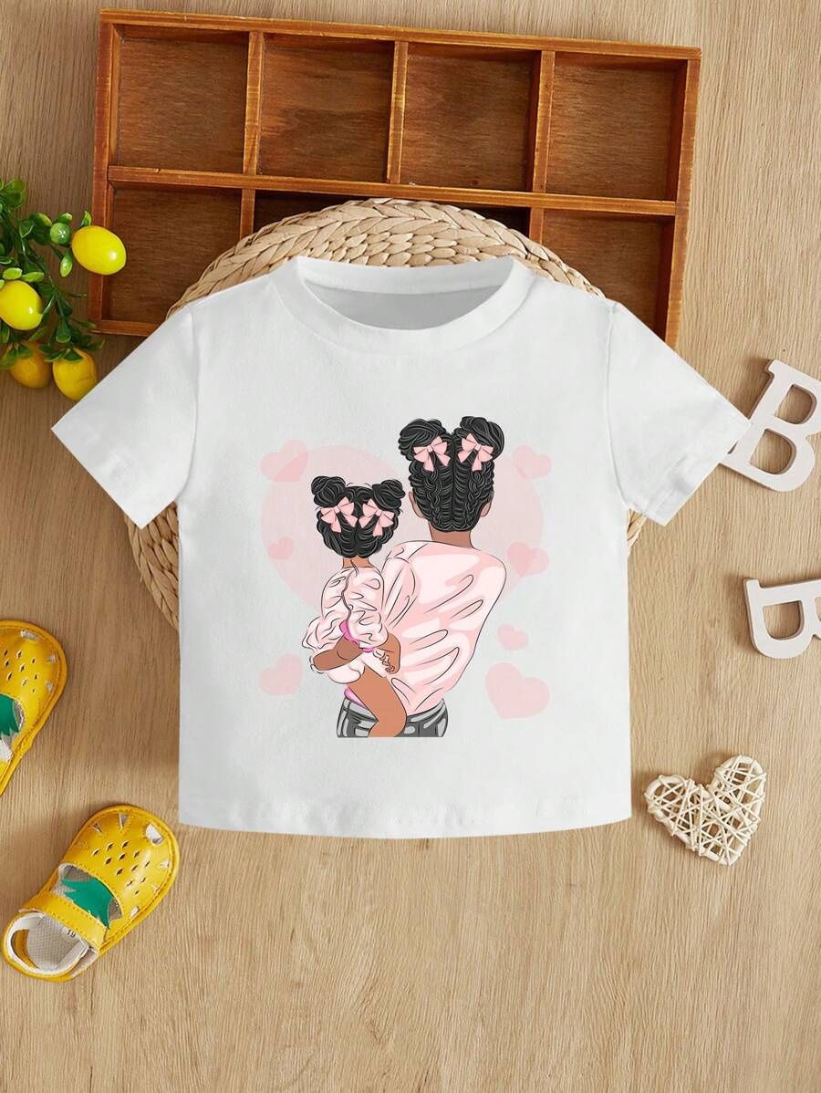 Baby Girl Casual Simple Mother&#39;s Day Heart &amp; Character Pattern Short Sleeve Round Neck Top