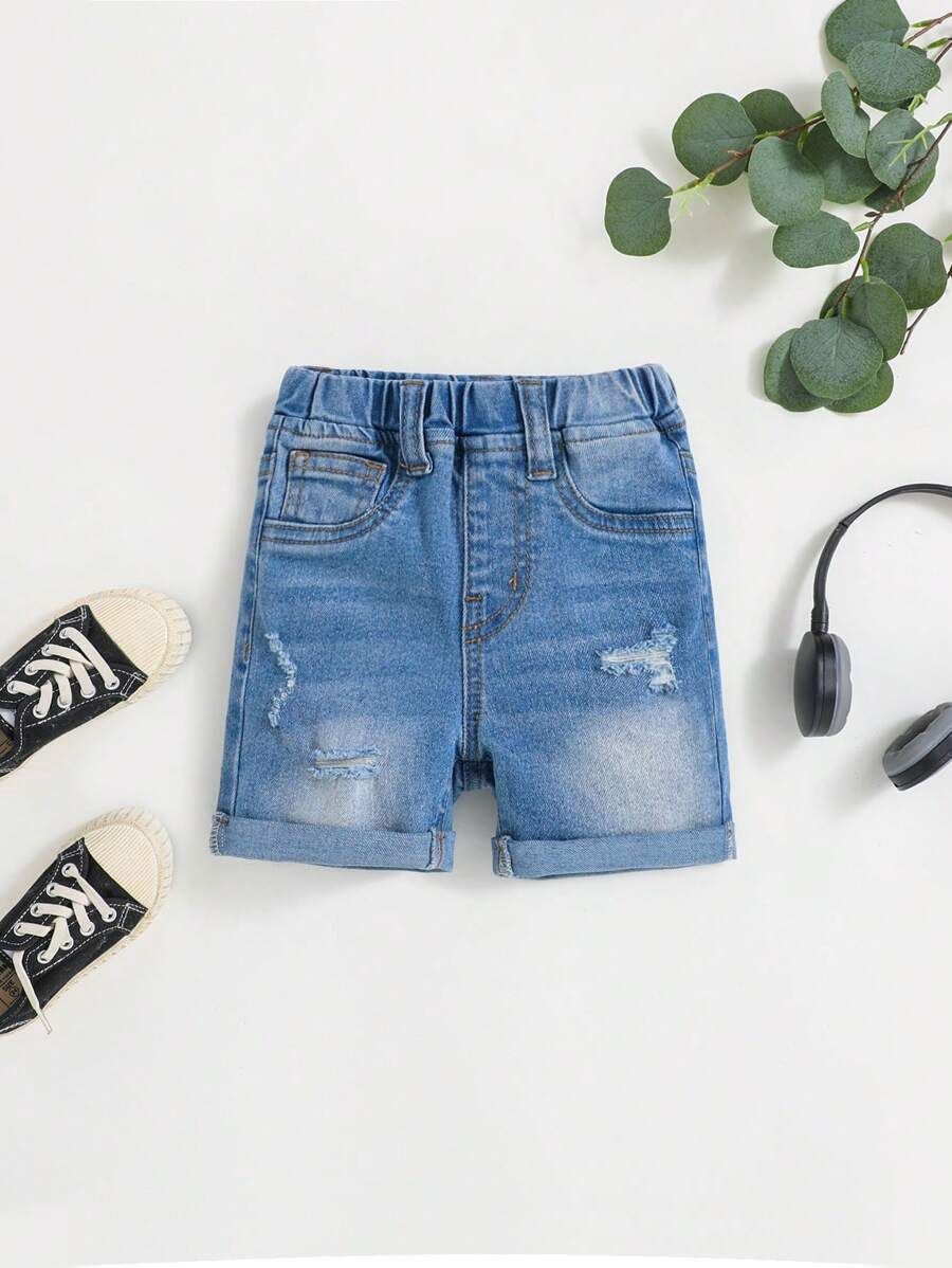Baby Boy Elastic Waist Blue Washed Ripped Summer Denim Short Cuffed Hem Jeans Shorts
