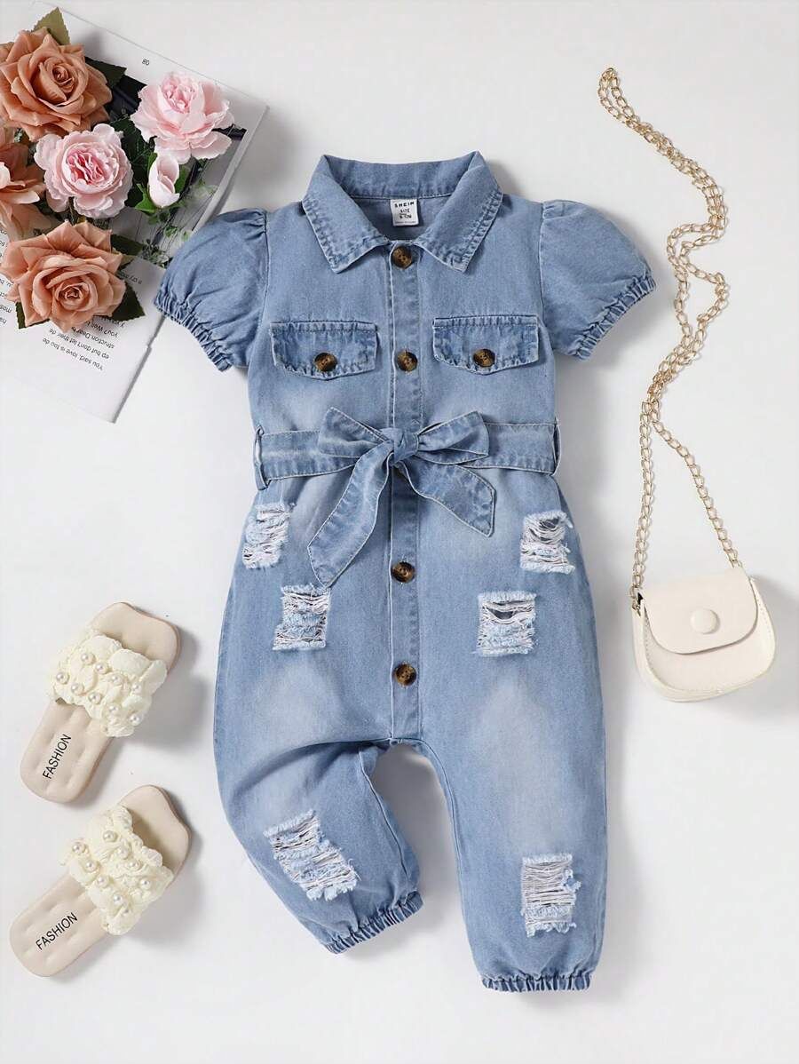 Baby Girl Puff Sleeve Ripped Belted Denim Jumpsuit