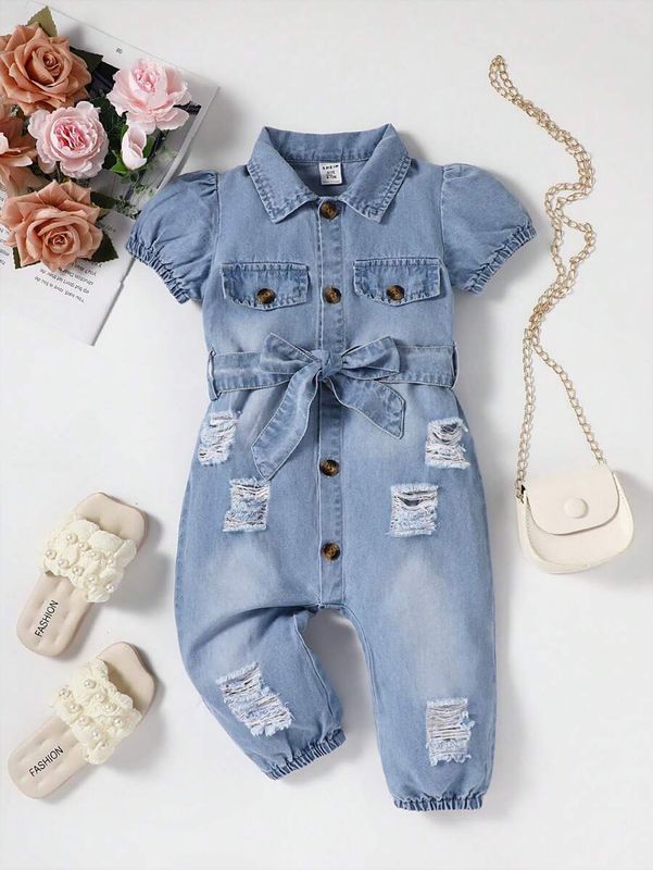 Baby Girl Puff Sleeve Ripped Belted Denim Jumpsuit