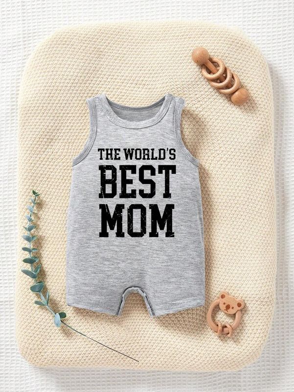 Baby Boys' Casual Mother's Day Slogan Print Round Neck Sleeveless Romper