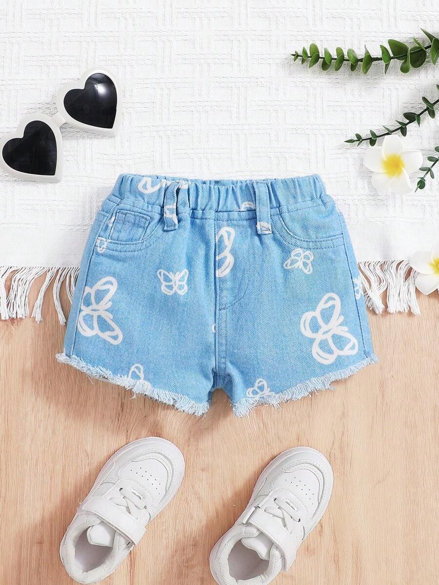 Baby Girls Spring Summer Boho Butterfly Print, Soft And Comfy Denim Shorts