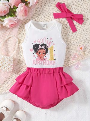 Baby Girl Sweetheart Sleeveless Top With Headband And Shorts Set With Open Crotch