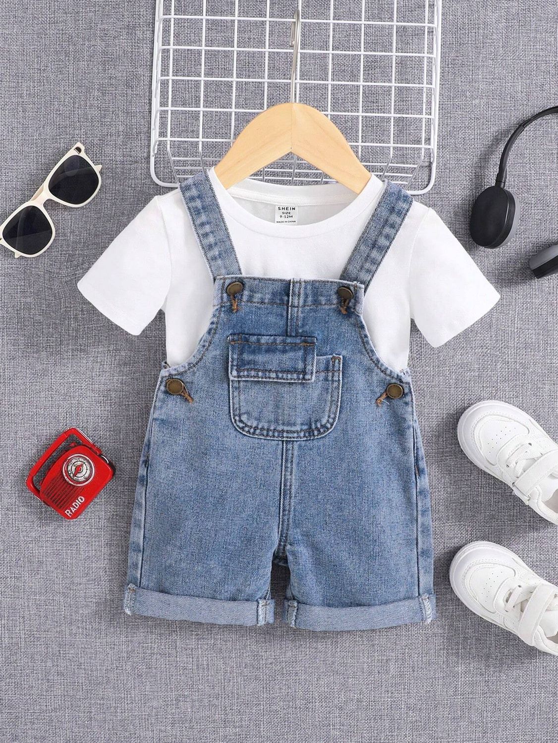 Baby Boy Casual Vintage Washed Flap Pocket Overalls Denim Overalls Romper