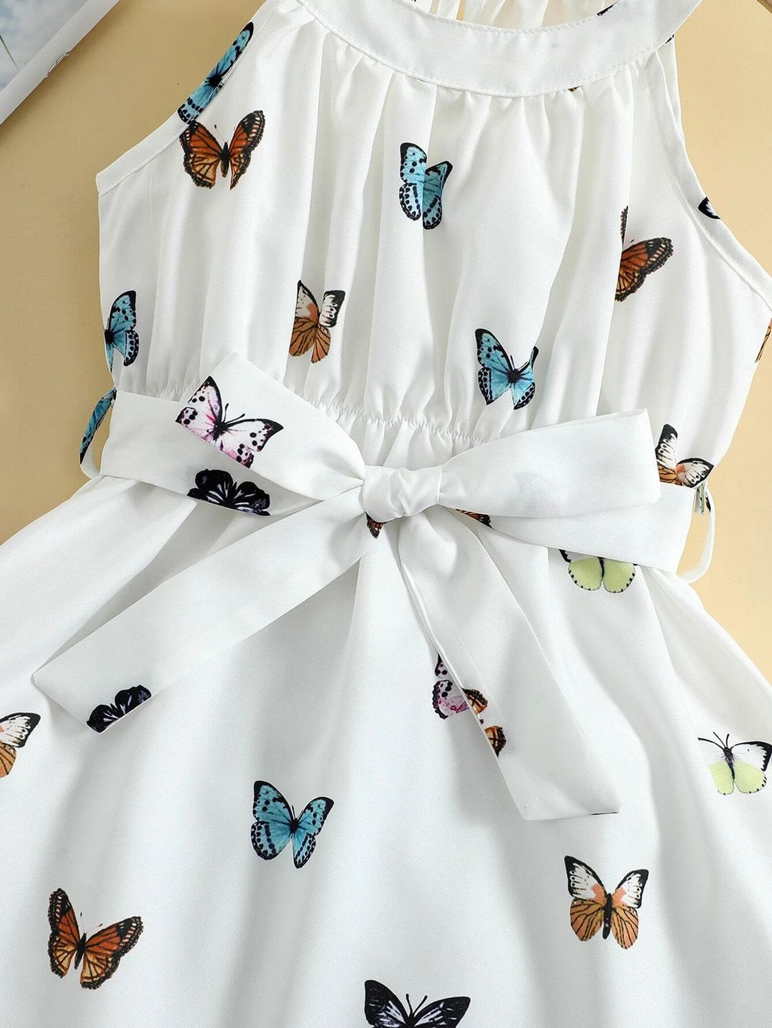 Girl Butterfly Print Halter Neck Belted Dress