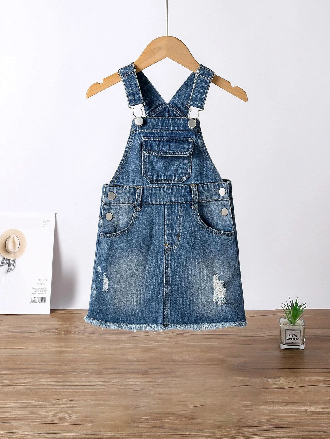 Ripped Raw Hem Overall Denim Dress