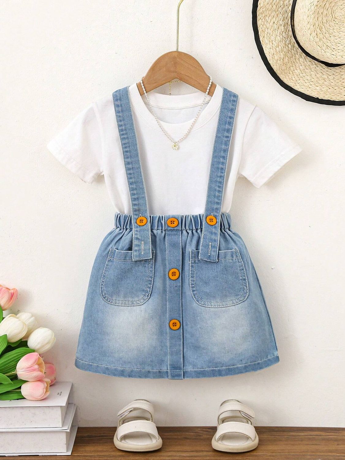 Girls&#39; Cute Soft Washed Denim Overall Dress