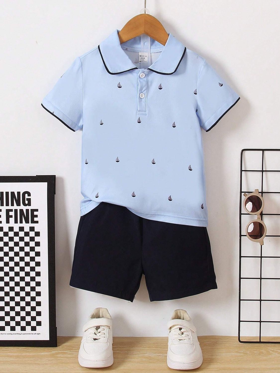 Sailboat Printed Polo Shirt And Shorts Set