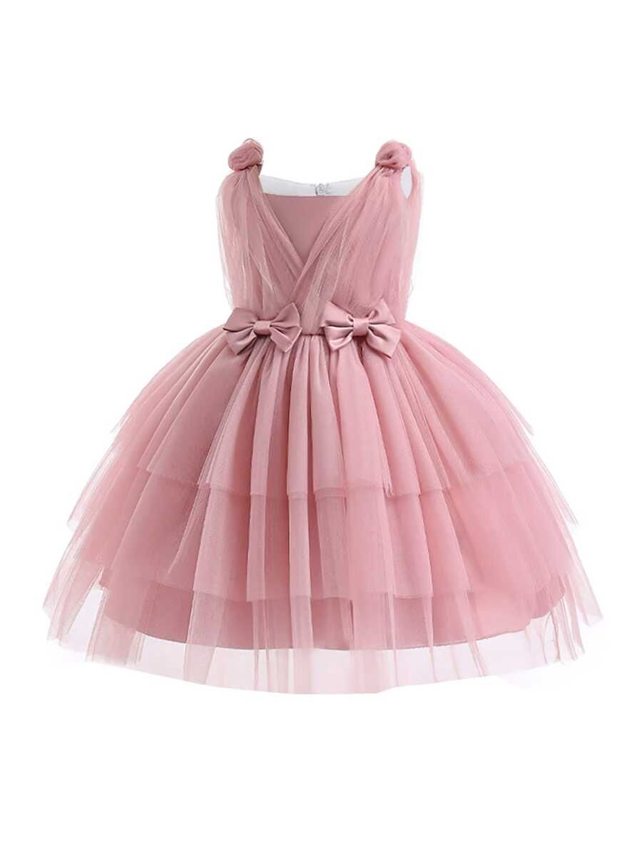 Young Girls&#39; Solid Color Mesh &amp; Satin Fluffy Dress