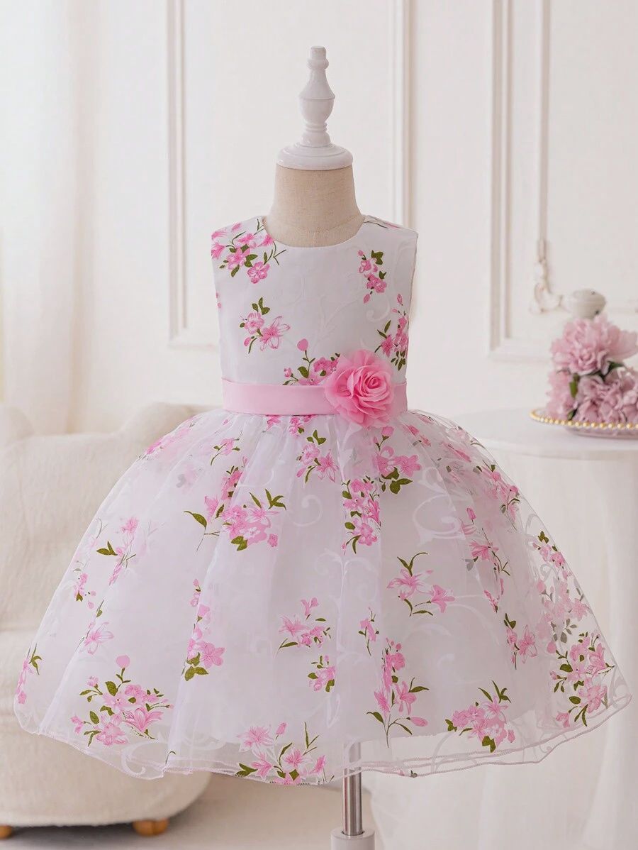 Young Girl&#39;s Gorgeous Long Formal Dress With 3d Floral Decor, Flower Print Mesh Princess Skirt