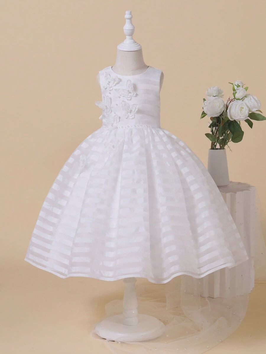 Young Girl Handmade Beaded Butterfly Design Striped Dress