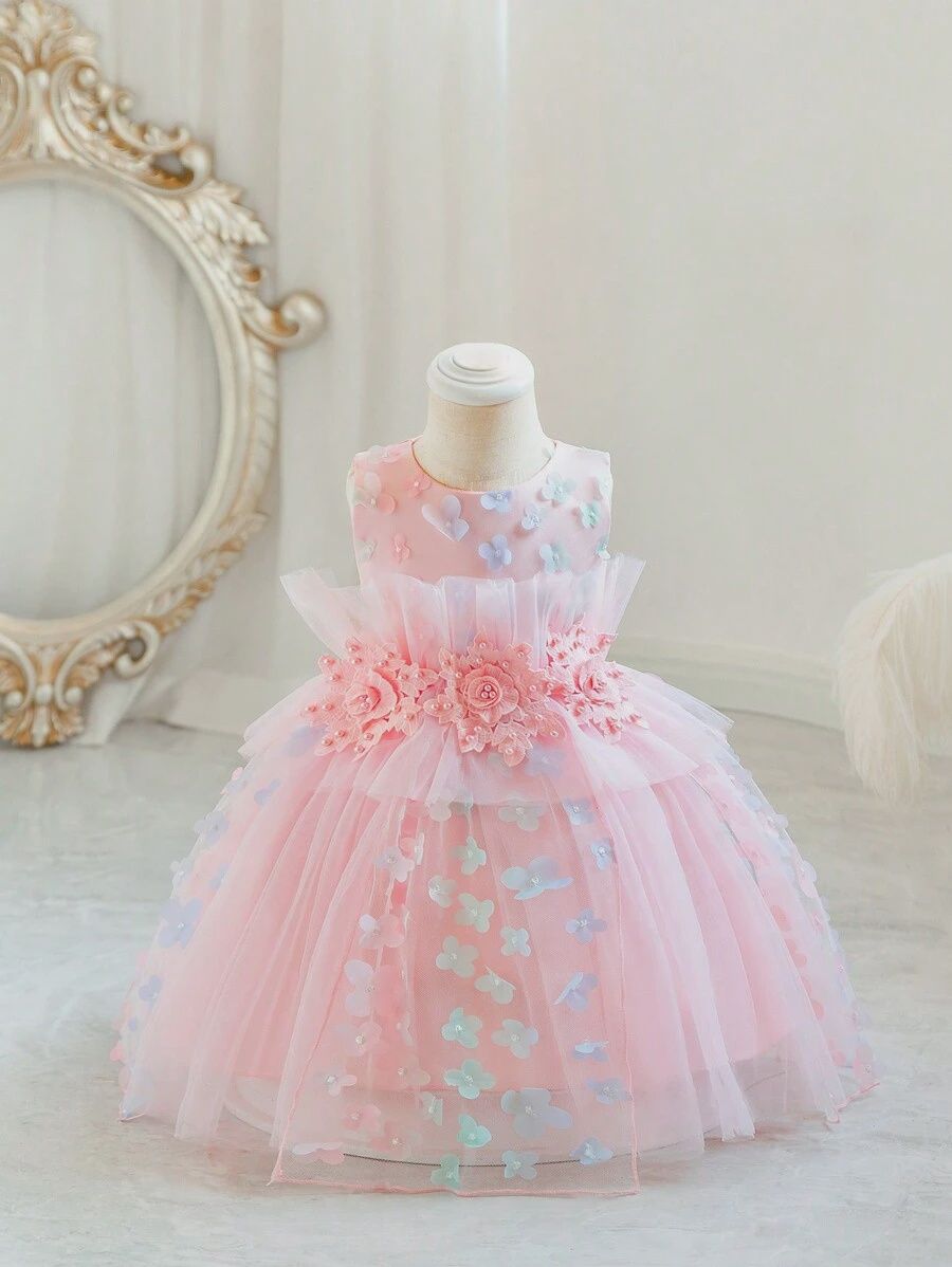 Young Girl Pearls Beaded Appliques Mesh Hem Party Dress