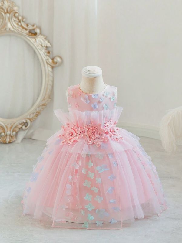 Young Girl Pearls Beaded Appliques Mesh Hem Party Dress