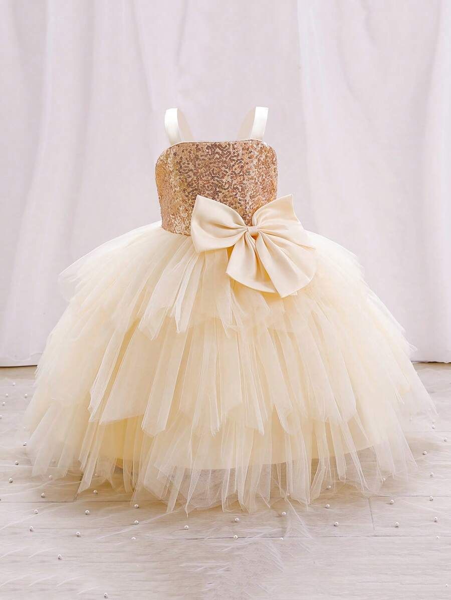 Young Girls Sequined Large Bow Knot Asymmetrical Mesh Party Dress