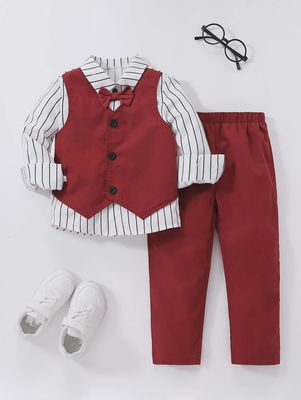 Young Boy Striped Bow Front 2 In 1 Shirt &amp; Pants