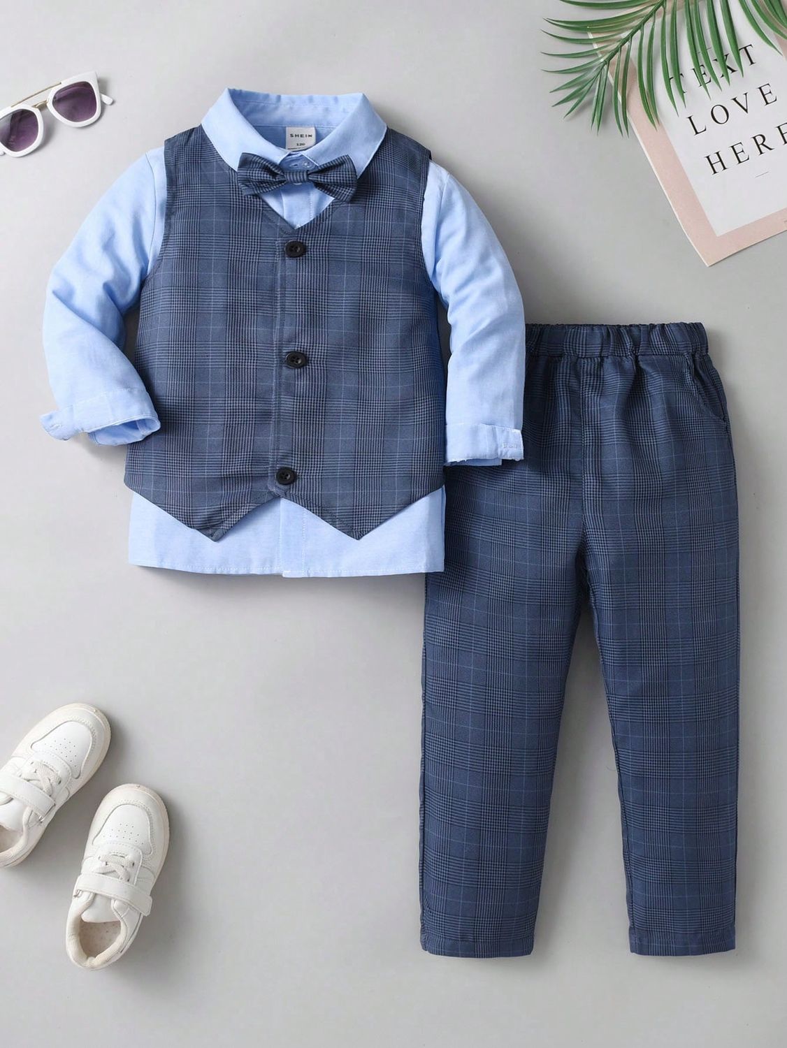 Toddler Boys Plaid Print Vest Coat &amp; Bow Front Shirt &amp; Pants
