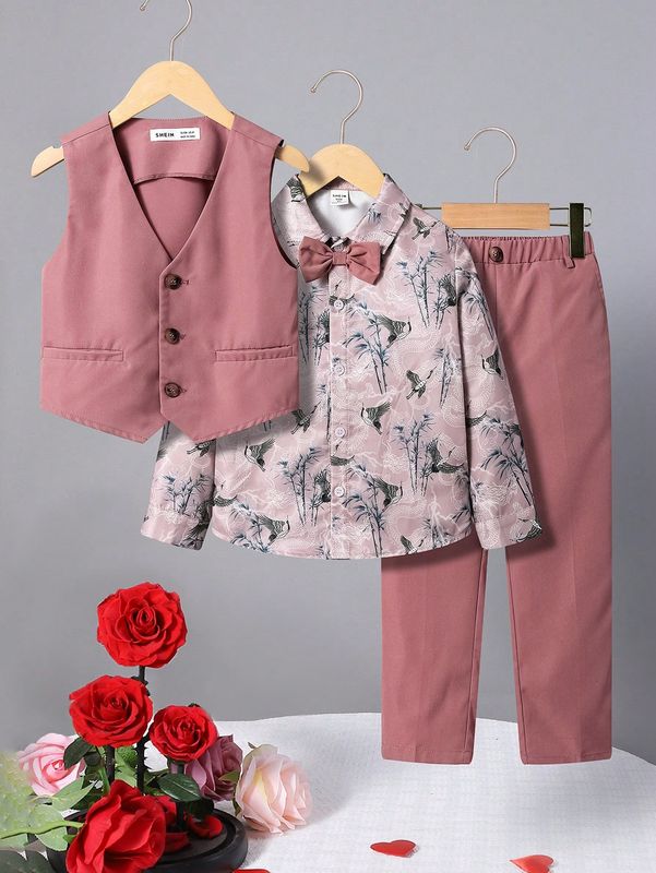 Young Boy Elegant Slim Fit Suit With Bow Tie Collar Shirt, Vest And Pants