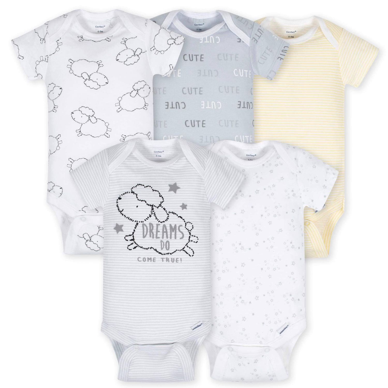 5-Pack Baby Neutral Lamb Short Sleeve Onesies® Bodysuit