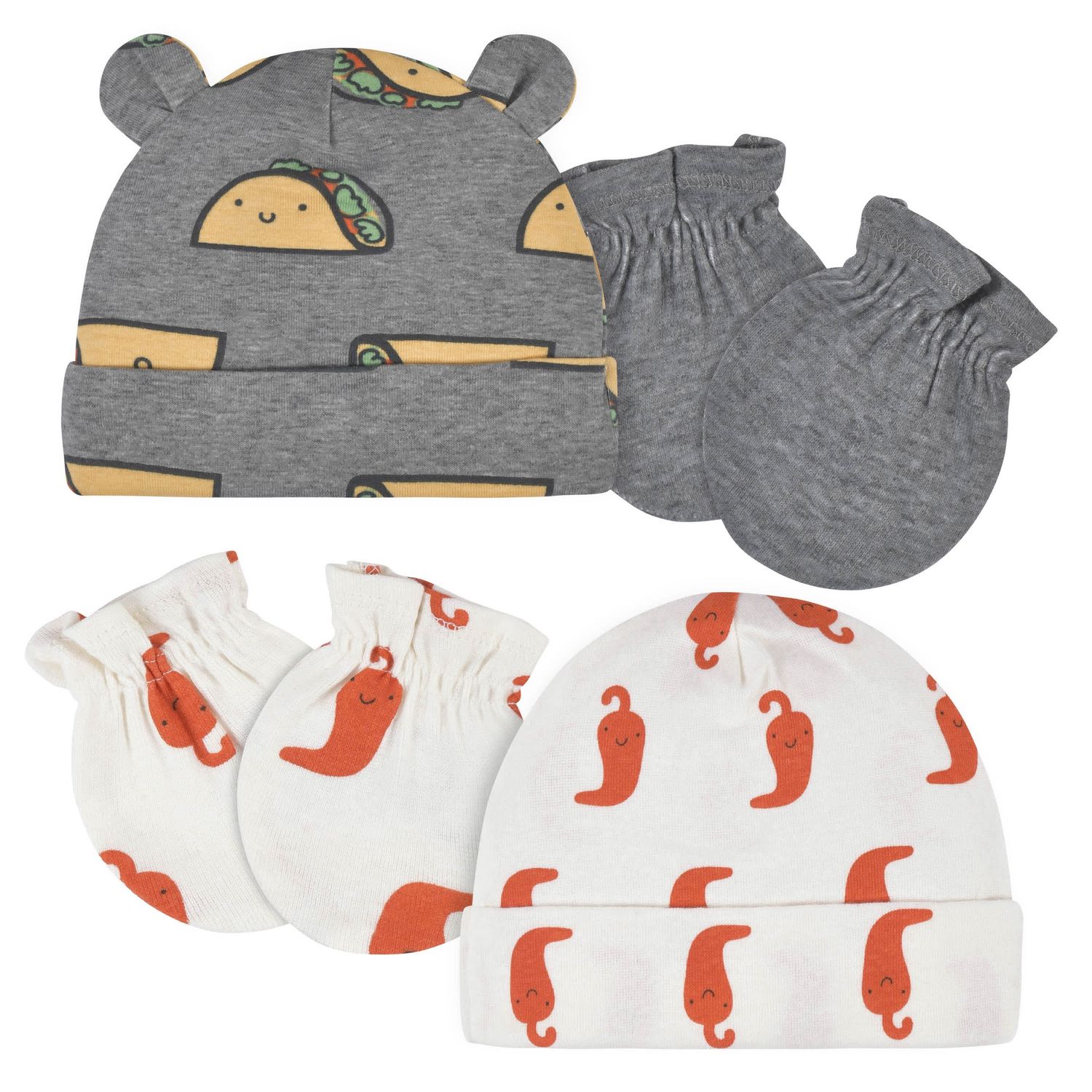 4-Piece Baby Neutral Comfy Stretch Taco Caps &amp; No Scratch Mittens Set