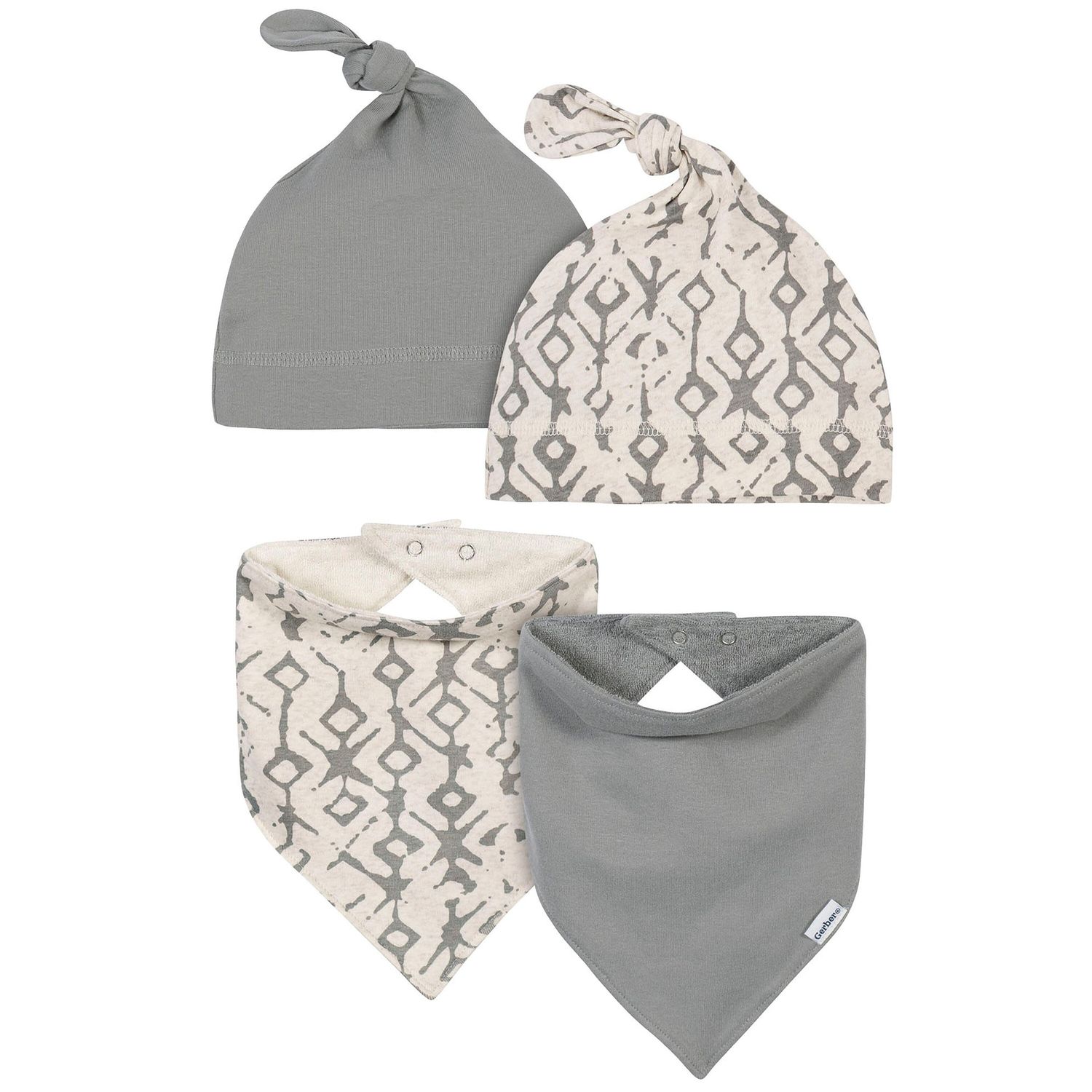 4-Piece Baby Boys Tribal &amp; Grey Caps and Bibs Set
