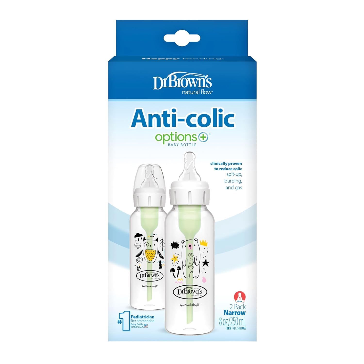 Dr. Brown&#39;s Natural Flow Anti-Colic Options+ Narrow Baby Bottle, Bear &amp; Owl, 8 oz/250 mL, with Level 1 Slow Flow Nipple, BPA Free, 0m+, 2-Pack