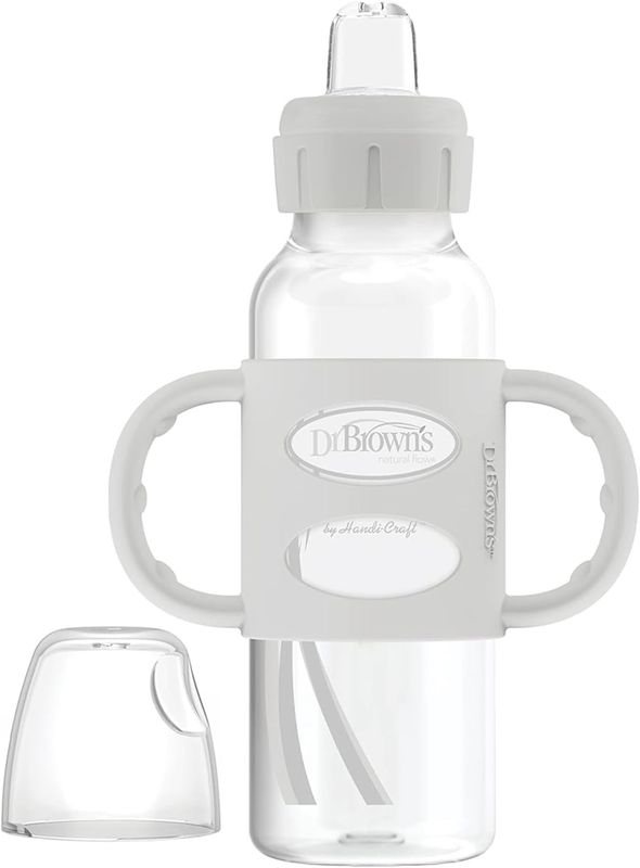 Dr. Brown&#39;s Milestones Narrow Sippy Spout Bottle with 100% Silicone Handles, Easy-Grip Handles with Soft Sippy Spout, 8oz/250mL