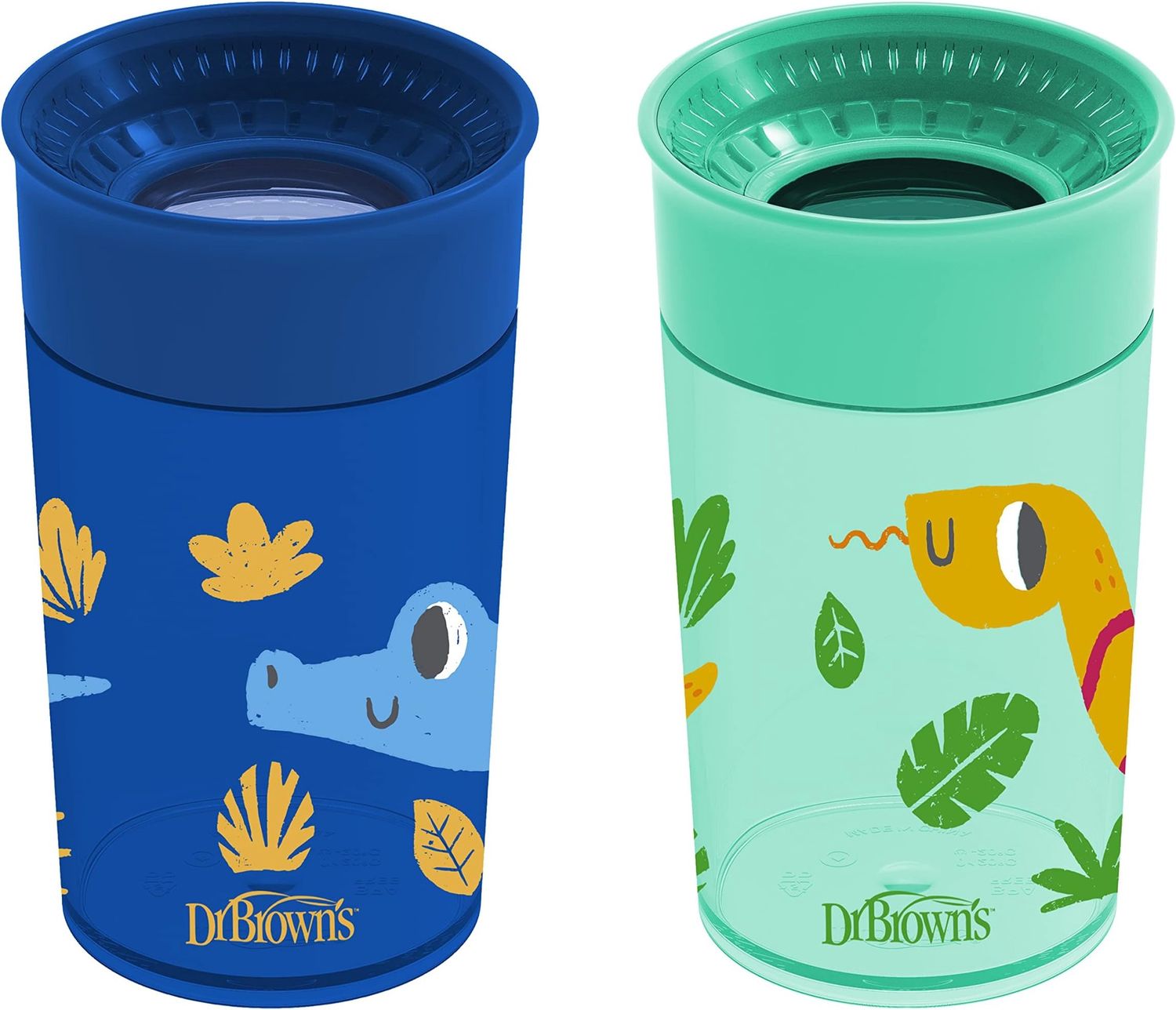 Dr. Brown&#39;s Milestones Cheers 360 Cup Spoutless Transition Cup, Travel Friendly &amp; Leak-Free Sippy Cup, Blue Alligator – Turquoise Snake, 10 oz/300 mL, 2 Pack