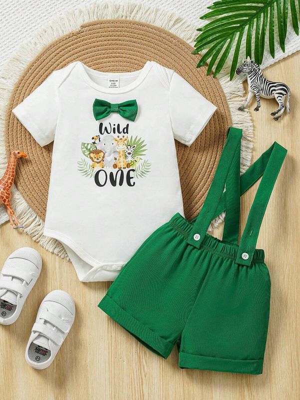Baby Boy's Cute Animal Print Casual Bodysuit & Overalls Shorts