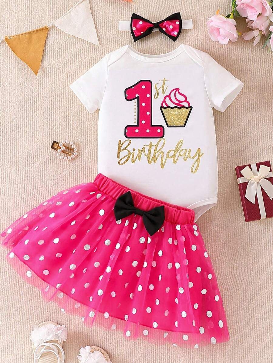 Infant Baby Girls 1st Birthday Short Sleeve Romper Bodysuit Polka Dot Tulle Skirt