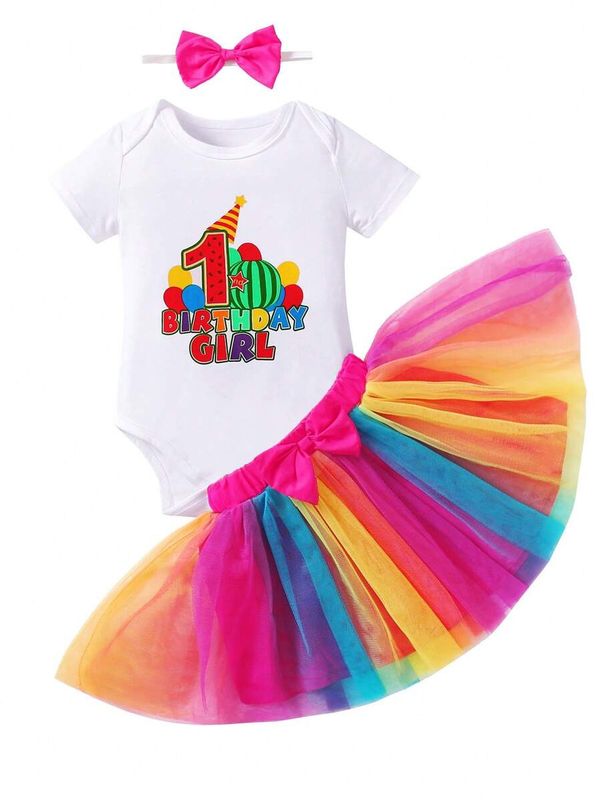 Baby Girl Short Sleeve Birthday Printed Bodysuit & Mesh Skirt Set, Summer