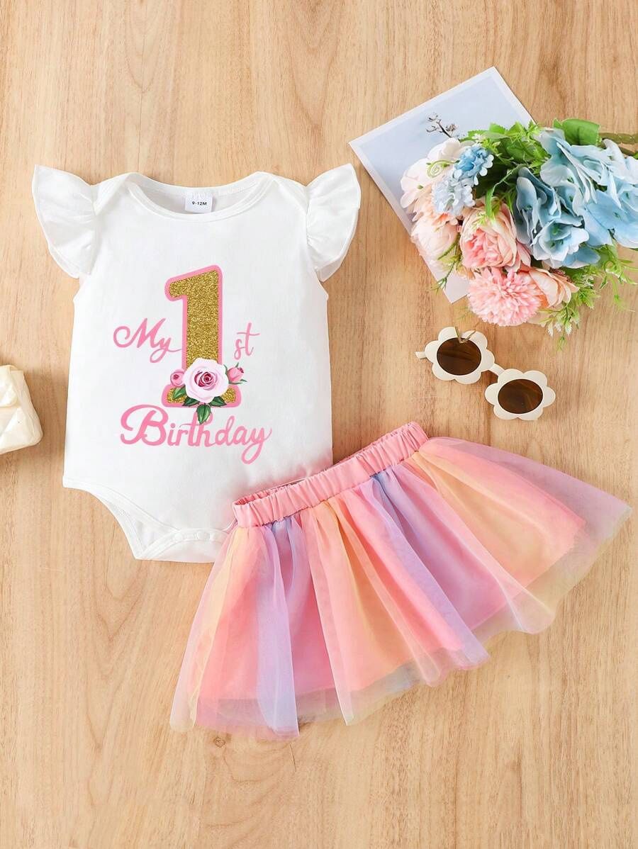 Baby Girls&#39; Short Sleeve Birthday Printed Bodysuit With Rainbow Tulle Skirt Set