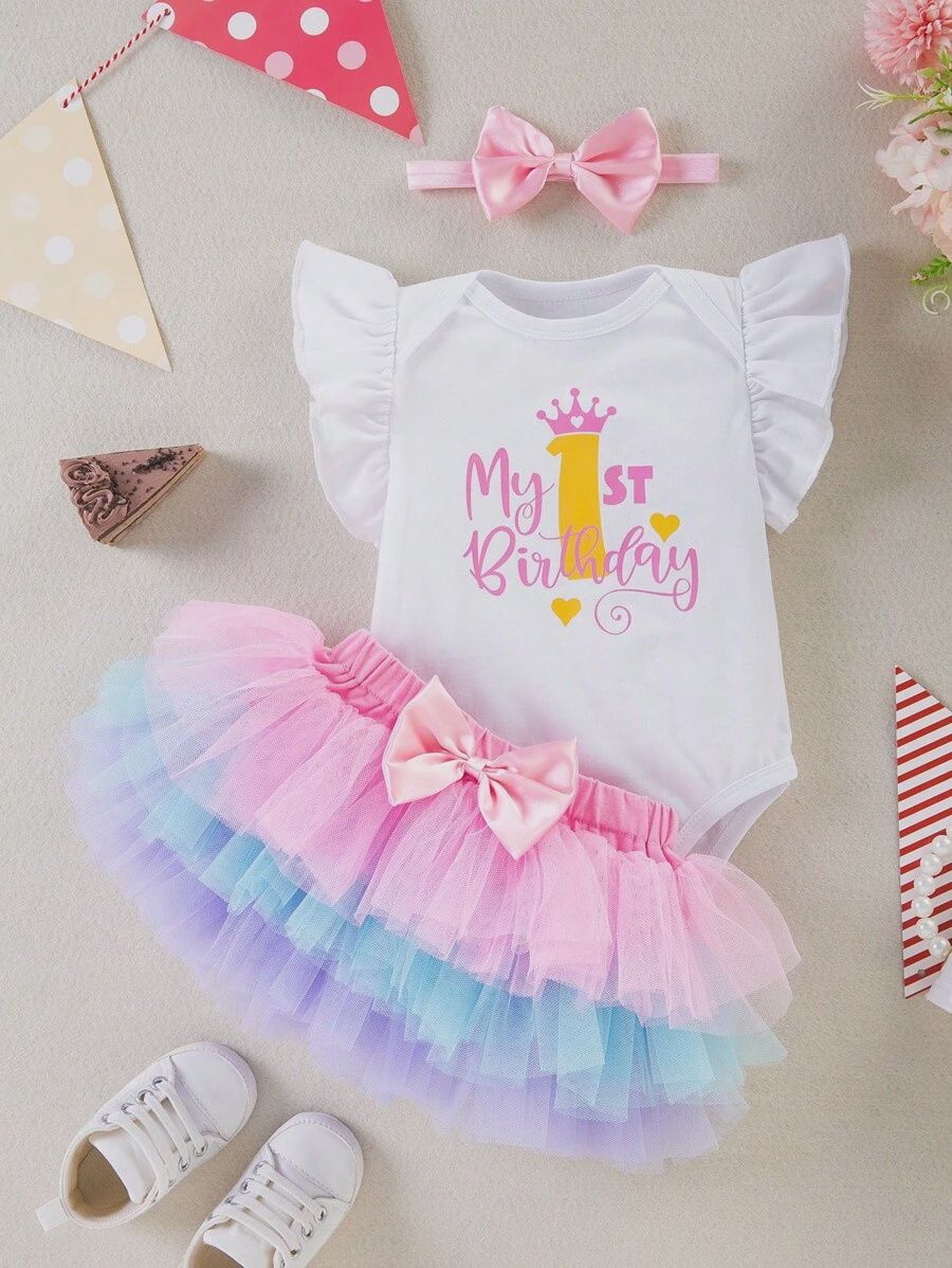 1st Birthday Party Baby Girl Cute Lovely Short Sleeve Romper With Colorful